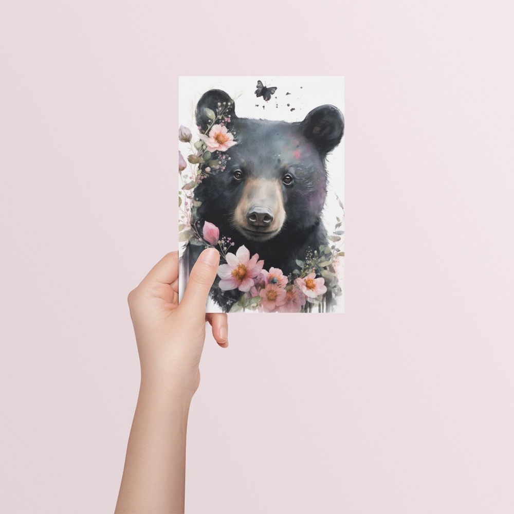 Watercolor Floral Black Bear Portrait Wall Art Illustration Print Unframed - Picture 5 of 6
